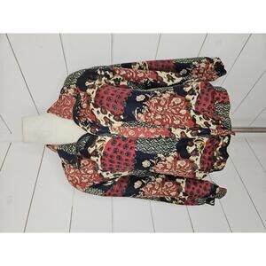 Vintage Fuda International large burgundy cream & navy mixed print silk jacket